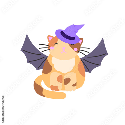Vector illustration of a cute Halloween cat with a witch hat and bat wings, perfect for seasonal clipart, stickers, autumn holiday designs, party decor, and trick-or-treat projects