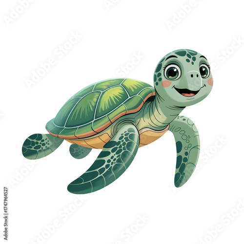 Green baby turtle crawling on white with its shell