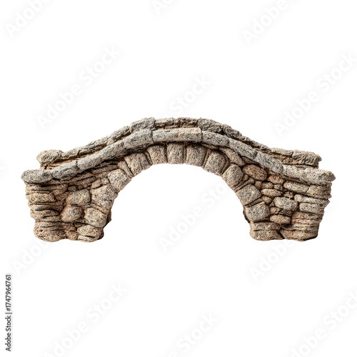 A detailed miniature stone arch bridge featuring rustic texture and intricate masonry, ideal for decorative purposes or fantasy dioramas. background removed