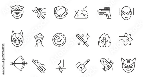 Super Hero icon set in thin line style vector