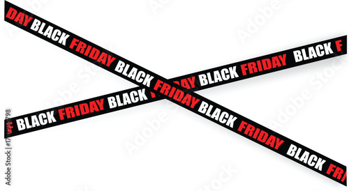 Black Friday Sale Banner Tape – Realistic Crossed Caution Ribbon with Bold Red and White Typography on Black Background