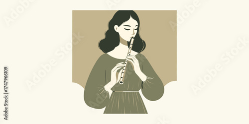 Illustration of a Woman Playing the Flute in a Serene Scene