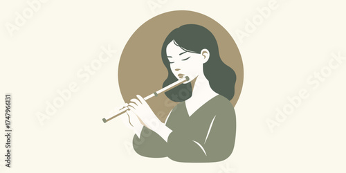 Muted illustration of a tranquil woman gracefully playing a flute, enveloped in a soft, minimalist aesthetic, evoking a sense of calm and musical artistry