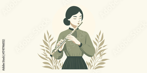 Serene illustration of a woman gracefully playing a musical flute, embodying artistic expression and the joy of melody. A tranquil scene for music enthusiasts and creative projects