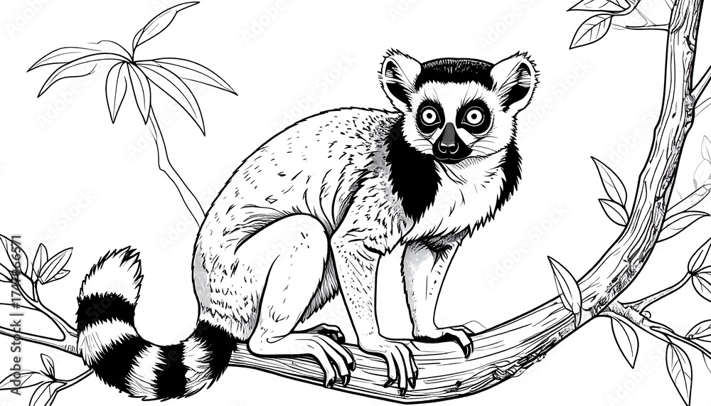 Obraz premium Black and white illustration of a ring-tailed lemur