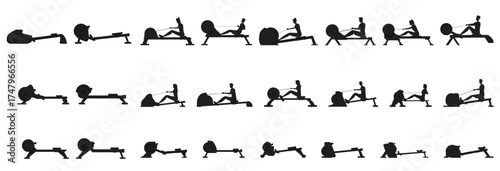 Rowing machine icons set cartoon vector active row
