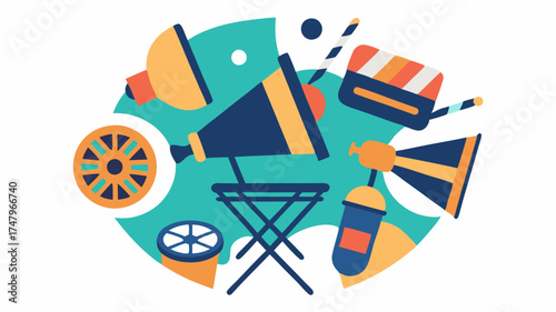 A whimsical design featuring cartoonish film icons such as a directors chair script and megaphone playfully arranged in a circular layout.