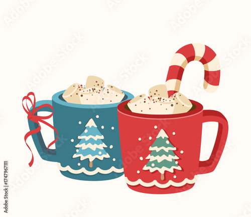 Christmas chocolate and eggnog drinks, winter holiday hot cups, vector icons. Christmas eggnog or milk punch beverages in cups and mugs, hot chocolate drinks for New Year and Xmas greeting card