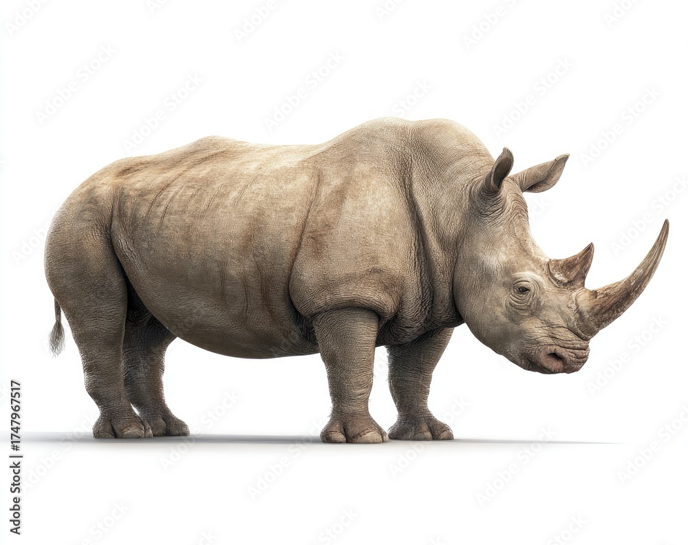 Fototapeta premium A full shot of a rhinoceros. Large, light gray rhino, standing, profile view. Solid white background. Detailed textures
