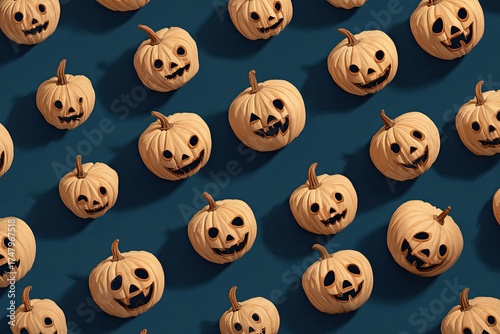 Jack-o'-lantern pumpkins in a repeating pattern on a dark blue background