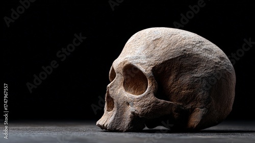 Ancient neanderthal fossil skull with rough texture depicting human evolution, archaeology, and the history of early human ancestors, resting on a dark surface against a black background
