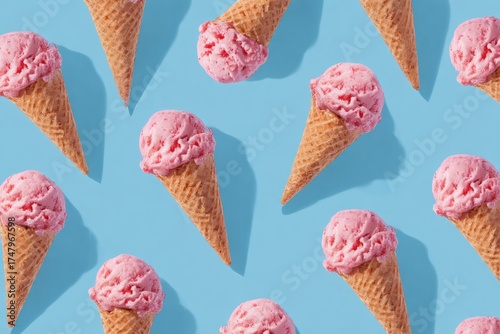 Strawberry ice cream cones in a vibrant pattern