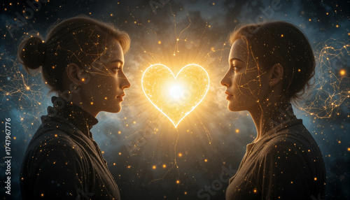 Two women facing each other, surrounded by glowing particles and a radiant heart symbol, representing connection, love, and emotional bonds in a mystical atmosphere