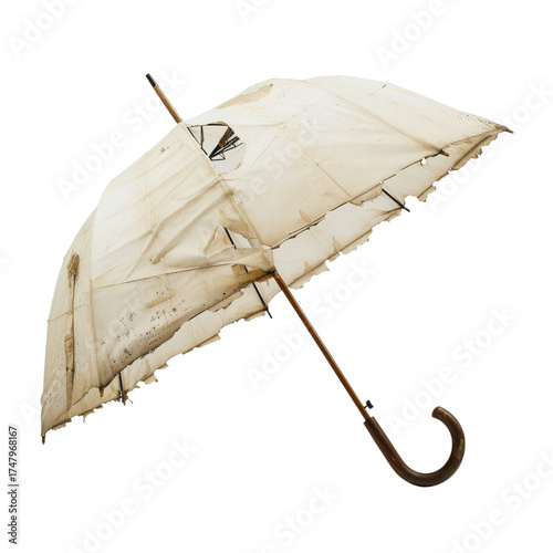 Vintage beige umbrella with curved wooden handle isolated on Transparent Background
