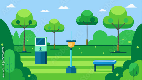 A green park equipped with smart irrigation systems motionactivated lights and digital kiosks providing environmental education to visitors.