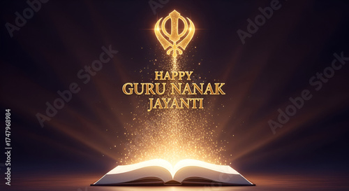 ​A Happy Guru Nanak Jayanti Design With A Glowing Khanda And Luminous Light Shining On A Holy Book
