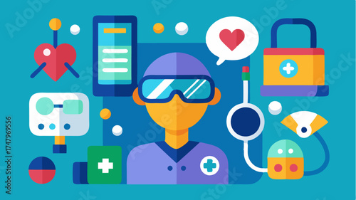 A vibrant collage of diverse telemedicine tools like virtual reality devices wearables and mobile apps emphasizing innovation in healthcare delivery.