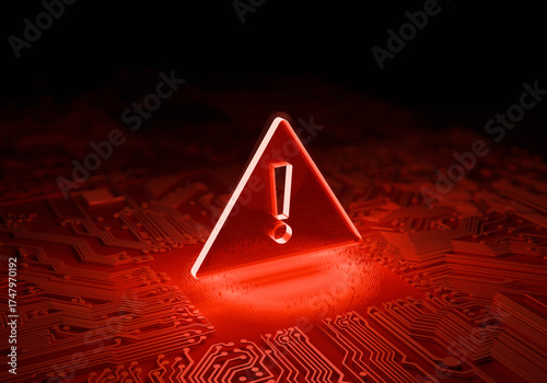 Digital Caution: A glowing red warning sign on top of intricate circuit board patterns, signifying a digital alert.