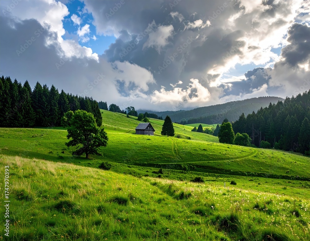 Obraz premium Cabin nestled in green hillside beneath dramatic sky