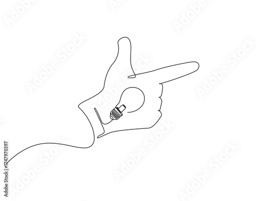 Continuous one line drawing of hand gun pose with lamp bulb. One line drawing illustration of hand and bulb mix. Idea, inspiration concept single line. Editable outline