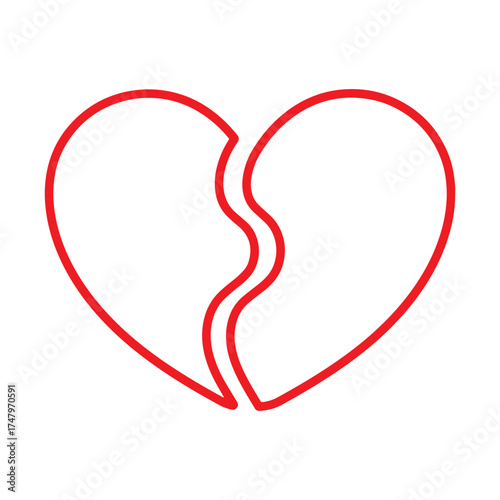 Simple Thin Red Outline Broken Heart Graphic Symbolizing Sadness Loss and Relationship Breakup Design