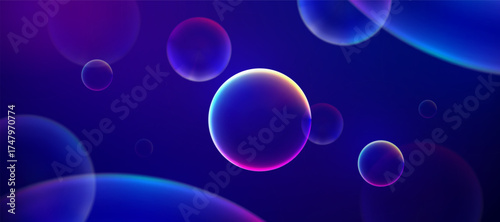 Neon glowing translucent spheres floating on a dark blue purple background
