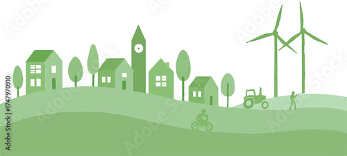 A minimalist landscape illustration featuring a rolling green hill with various stylized houses, a clock tower, and trees. To the right, a tractor and a cyclist are depicted, along with two wind turbi