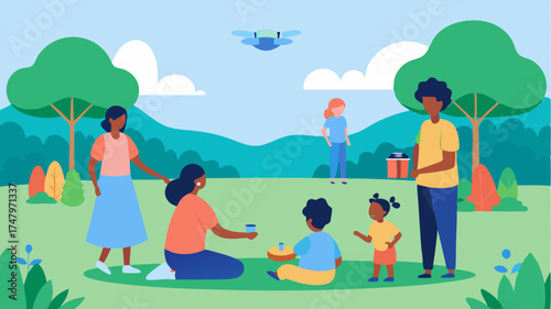 A park scene where children and families are watching drones delivering picnic supplies illustrating community engagement.