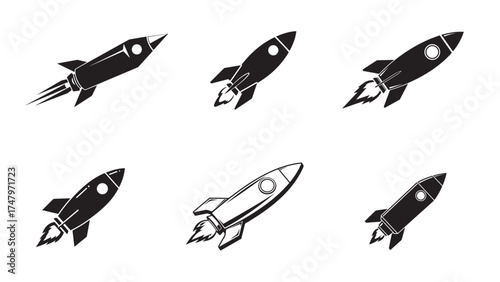 Angled 3D rocket silhouette vector set in a bold new style for launch and growth