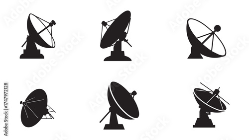 Angled 3D satellite dish silhouette vector set in a refined new style for broadcast and signal