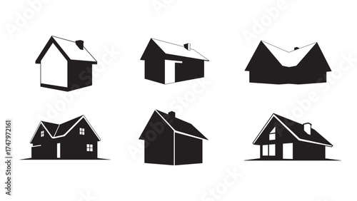 Angled 3D house icon set in black and white silhouette vector, new style for real estate and home design
