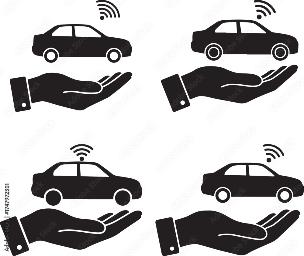 Obraz premium Four black car silhouettes on open hands with wi fi signals isolated on white background silhouette