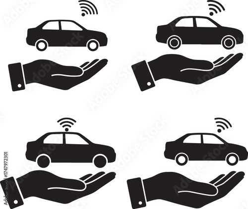 Four black car silhouettes on open hands with wi fi signals isolated on white background silhouette
