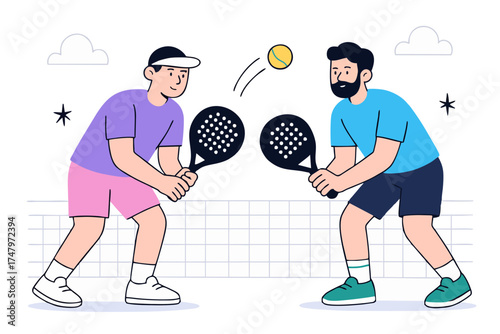 Vector illustration of man and woman playing padel together, teamwork and coordination on court.
