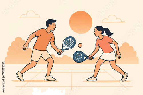 Man and woman playing padel at sunset, fun outdoor match, warm color tone, flat vector illustration.