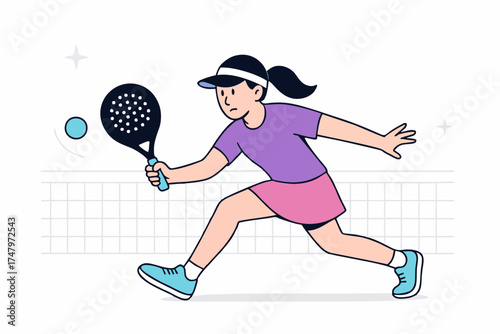 Female padel player running to hit the ball, fast motion and energy, flat vector illustration.
