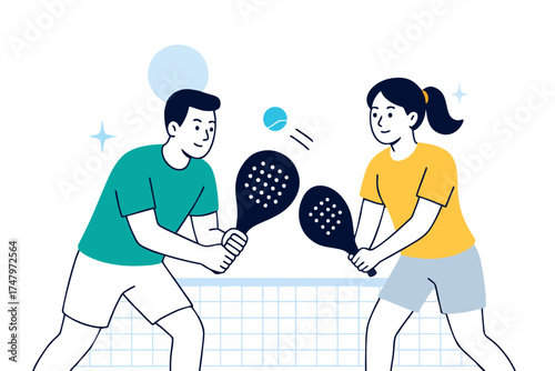 Man and woman practicing padel rally on court, teamwork and coordination, flat vector illustration.
