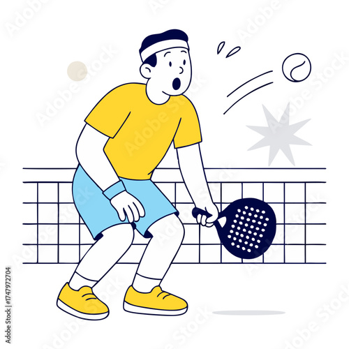Male padel player preparing to return serve, focus and concentration, flat vector illustration.
