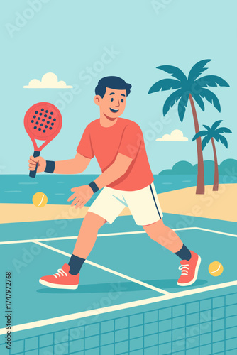 Man swinging racket for forehand shot in padel tennis, action and motion concept, flat vector illustration.
