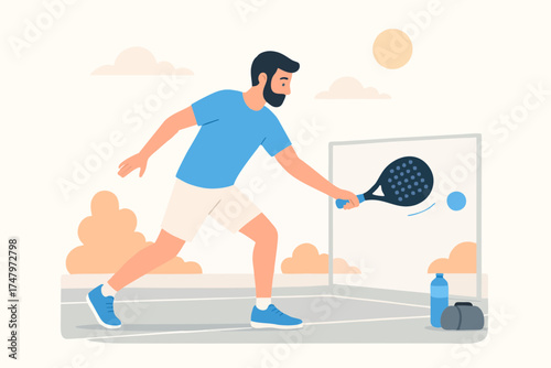 Padel player hitting ball with racket, outdoor game action, flat vector illustration.