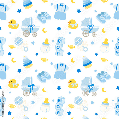 Cute blue baby boy item gender reveal seamless pattern