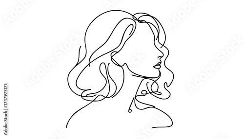 A minimalist line drawing of a woman's profile with wavy hair. The artwork emphasizes simplicity and elegance in design