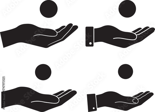 Four black silhouette hands in open palm gesture with small circles above isolated on white background