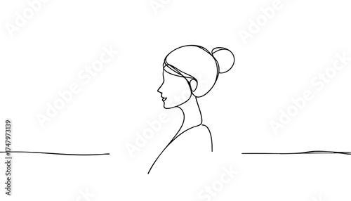 A minimalist line drawing of a woman's profile. The woman has a bun hairstyle and a serene expression. The background is plain and light-colored