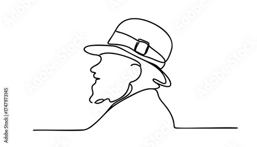 A simple line drawing of a man in profile wearing a hat. The illustration captures the man's beard and facial features in a minimalist style