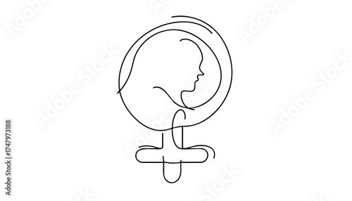 A minimalist line art illustration of a female symbol combined with a woman's profile. The design is simple and elegant, emphasizing femininity and empowerment