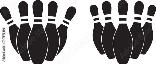 Two bowling pin arrangements in a hand shape silhouette isolated on white background