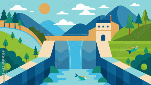 A hydroelectric dam integrated into a natural landscape with fishfriendly passageways and thriving fauna.