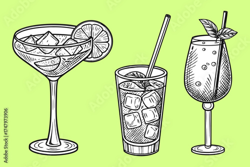 Vintage Hand-Drawn Cocktail and Drink Glasses Set. Engraved Bar Menu Illustrations. cocktail drink handdrawn illustration.
