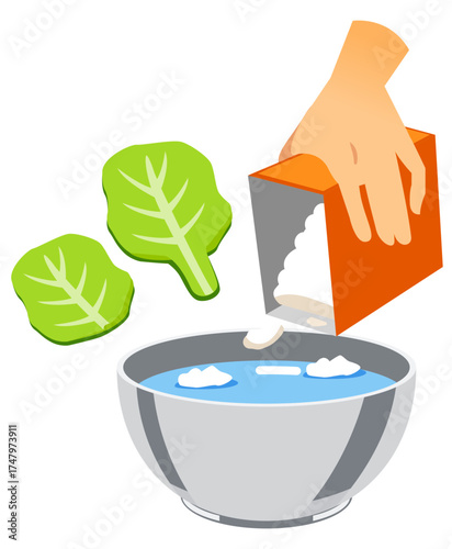 Hand pouring vegetable wash powder into a bowl of water with green leaves, clean food preparation icon vector illustration.